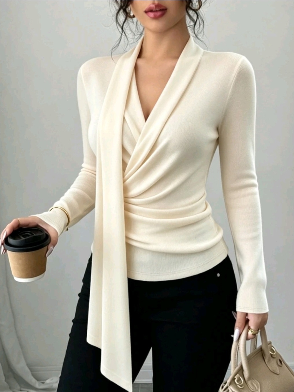 Wrap Front Long-Sleeve Sweater Top in Cream (Various Sizes)